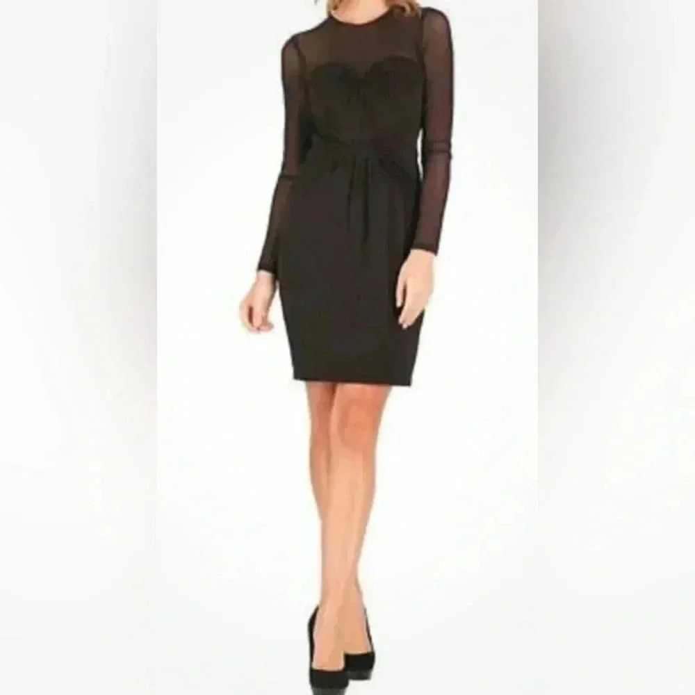 NEW NWT Woman TED BAKER Black Barber Mesh Panel Knotted Front L/s Dress Sz 0 2